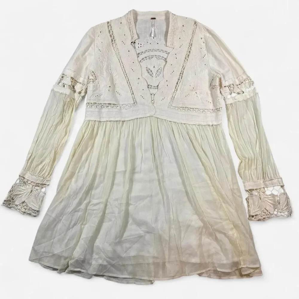 Free People Dreamland Dress Womens 10 Ivory Lace Boho Romantic Cottagecore - Picture 3 of 8